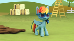 Size: 1920x1080 | Tagged: safe, screencap, rainbow dash, pegasus, pony, diy with my little pony - carving contest, g4.5, my little pony: stop motion short, cute, fence, hay bale, ladder, smiling, solo