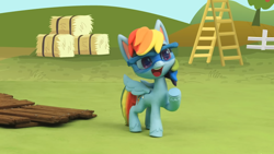 Size: 1920x1080 | Tagged: safe, screencap, rainbow dash, pegasus, pony, diy with my little pony - carving contest, g4.5, my little pony: stop motion short, cute, fence, hay bale, ladder, smiling, solo