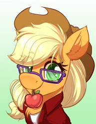 Size: 2458x3182 | Tagged: safe, artist:witchtaunter, applejack, earth pony, pony, g4, apple, bust, chest fluff, clothes, commission, cute, ear fluff, eye clipping through hair, eyebrows, eyebrows visible through hair, female, food, glasses, gradient background, high res, hipster, jackabetes, looking at you, mare, meganekko, mouth hold, shirt, smiling, solo