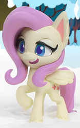 Size: 866x1386 | Tagged: safe, edit, edited screencap, screencap, fluttershy, pegasus, pony, g4.5, my little pony: stop motion short, snowball fight (short), cropped, cute, raised hoof, smiling, snow, solo