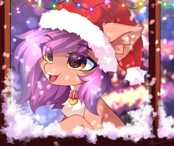 Size: 3594x3014 | Tagged: safe, alternate character, alternate version, artist:airiniblock, oc, oc only, oc:vesper, earth pony, pony, big ears, chest fluff, christmas, christmas lights, collar, cute, ear fluff, earth pony oc, eye clipping through hair, eyebrows, eyebrows visible through hair, female, hat, high res, holiday, mare, open mouth, open smile, santa hat, smiling, snow, snowfall, solo, teeth, window, winter
