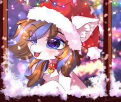 Size: 3594x3014 | Tagged: safe, alternate character, alternate version, artist:airiniblock, oc, oc only, oc:breezy, earth pony, pony, big ears, chest fluff, christmas, christmas lights, collar, cute, ear fluff, earth pony oc, eye clipping through hair, eyebrows, eyebrows visible through hair, female, hat, high res, holiday, mare, open mouth, open smile, santa hat, smiling, snow, snowfall, solo, teeth, window, winter