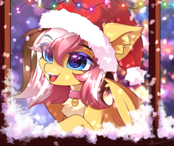 Size: 3594x3014 | Tagged: safe, alternate character, alternate version, artist:airiniblock, oc, oc only, oc:nea, earth pony, pegasus, pony, big ears, chest fluff, christmas, christmas lights, collar, cute, ear fluff, eye clipping through hair, eyebrows, eyebrows visible through hair, female, hat, high res, holiday, mare, open mouth, open smile, pegasus oc, santa hat, smiling, snow, snowfall, solo, teeth, window, winter