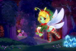 Size: 6022x4000 | Tagged: safe, artist:syu, oc, breezie, g5, my little pony: make your mark, bells, blushing, breezie oc, bridlewood, christmas, clothes, commission, cute, detailed background, elf costume, elf hat, female, flying, forest background, gem, gemstones, gift giving, glowing, hat, holiday, looking at you, night, present, shiny, smiling, smiling at you, socks, striped socks, wings