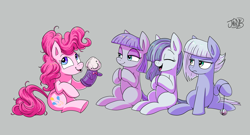 Size: 3425x1848 | Tagged: safe, artist:jowyb, limestone pie, marble pie, maud pie, pinkie pie, earth pony, pony, g4, cute, diapinkes, eyes closed, female, filly, foal, happy, lidded eyes, limabetes, marblebetes, maudabetes, open mouth, open smile, pie sisters, puppet, siblings, sisters, smiling, unamused, when she smiles, yo-yo