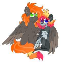 Size: 4552x4505 | Tagged: safe, artist:crazysketch101, oc, oc only, oc:ashton burnside, oc:crazy looncrest, pegasus, pony, 2024 community collab, derpibooru community collaboration, chest fluff, duo, eye clipping through hair, hug, leonine tail, looking at you, open mouth, open smile, ship:burncrest, simple background, sitting, smiling, tail, transparent background, winghug, wings