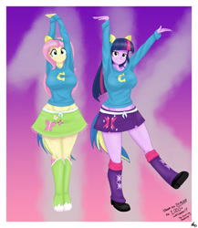 Size: 1600x1846 | Tagged: safe, artist:lennondash, fluttershy, twilight sparkle, human, equestria girls, g4, 2d, arms, arms in the air, boots, breasts, bust, busty fluttershy, busty twilight sparkle, clothes, collar, cute, fake ears, fake tail, female, hair, hands in the air, happy, headband, kicking, leg warmers, legs, legs together, long sleeved shirt, long sleeves, midriff, raised leg, shirt, shoes, shyabetes, skirt, smiling, smirk, smug, sweater, teenager, teeth, twiabetes, wondercolt ears, wondercolt tail, wondercolts uniform