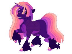 Size: 3600x2700 | Tagged: safe, artist:gigason, oc, oc only, oc:night sky, pony, unicorn, coat markings, colored hooves, eyeshadow, female, gradient hooves, grin, high res, horn, long feather, long fetlocks, looking back, makeup, mare, offspring, pale belly, parent:oc:raspberry sunset, parent:starlight glimmer, parents:canon x oc, purple eyes, raised hoof, simple background, smiling, socks (coat markings), solo, striped horn, transparent background, unicorn oc, unshorn fetlocks