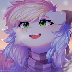 Size: 1946x1945 | Tagged: safe, artist:floweryoutoday, oc, oc only, oc:blazey sketch, pegasus, bow, clothes, commission, hair bow, happy, multicolored hair, pegasus oc, scarf, snow, solo, striped scarf, sweater, ych result