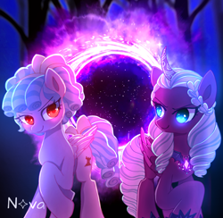 Size: 1440x1403 | Tagged: safe, artist:jaanhavi, cozy glow, opaline arcana, alicorn, pegasus, pony, g4, g5, amulet, antagonist, bow, colored pupils, cozybetes, curved horn, cute, dark, devious smile, duo, duo female, female, folded wings, glowing, glowing eyes, hair bow, horn, jewelry, looking at each other, looking at someone, mare, older, older cozy glow, opalinebetes, portal, raised hoof, ringlets, smiling, smiling at each other, tail, tail bow, tree, villainess, wings