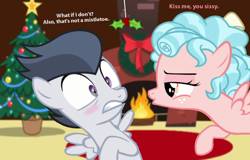 Size: 1386x886 | Tagged: safe, artist:lunaticdawn, cozy glow, rumble, pegasus, pony, g4, bedroom eyes, blushing, caption, chimney, christmas, christmas tree, colt, curls, curly mane, cute, decoration, duo, duo male and female, female, filly, fire, fireplace, foal, freckles, hearth's warming eve, holiday, holly, holly mistaken for mistletoe, imminent kissing, leaning, leaning back, male, nervous, puckered lips, rug, ship:rumbleglow, shipping, straight, text, tree