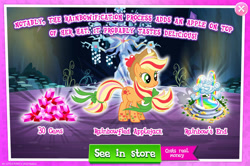 Size: 1958x1297 | Tagged: safe, gameloft, applejack, earth pony, pony, g4, my little pony: magic princess, official, advertisement, applejack's hat, bow, bush, cloud, coin, costs real money, cowboy hat, english, female, gem, hair bow, hat, mare, mobile game, numbers, rainbow power, rainbow power-ified, rainbow waterfall, sale, solo, tail, tail bow, text