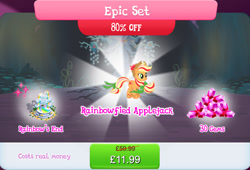 Size: 1267x862 | Tagged: safe, gameloft, applejack, earth pony, pony, g4, my little pony: magic princess, official, applejack's hat, bow, bundle, bush, cloud, coin, costs real money, cowboy hat, english, epic set, female, gem, hair bow, hat, mare, mobile game, numbers, rainbow power, rainbow power-ified, rainbow waterfall, sale, solo, tail, tail bow, text