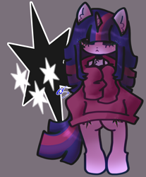 Size: 1200x1450 | Tagged: safe, artist:cutiesparke, twilight sparkle, unicorn, semi-anthro, g4, :<, alternate hairstyle, bipedal, chest fluff, clothes, cutie mark, cutie mark background, ear fluff, eyes closed, hoodie, lightly watermarked, oversized clothes, simple background, solo, unicorn twilight, watermark