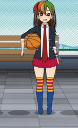 Size: 319x526 | Tagged: safe, artist:imyouknowwho, rainbow dash, human, g4, basketball, bench, boots, clothes, female, humanized, kisekae, miniskirt, shoes, skirt, socks, solo, sports, striped socks, thigh highs, thigh socks