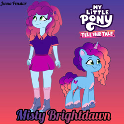 Size: 894x894 | Tagged: safe, artist:caseyben887, artist:jenna56, misty brightdawn, human, pony, unicorn, equestria girls, g4, g5, my little pony: tell your tale, bracelet, coat markings, equestria girls-ified, freckles, g5 to equestria girls, g5 to g4, generation leap, gradient background, gradient ears, gradient horn, gradient mane, graveyard of comments, hairclip, horn, jewelry, leg bracelet, logo, rebirth misty, signature, unshorn fetlocks