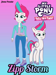 Size: 828x1104 | Tagged: safe, artist:jenna56, zipp storm, human, pegasus, pony, equestria girls, g4, g5, my little pony: tell your tale, clothes, colored wings, cutie mark on clothes, equestria girls-ified, female, g5 to equestria girls, g5 to g4, generation leap, gradient background, jacket, logo, mare, signature, unshorn fetlocks, wings