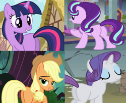 Size: 828x676 | Tagged: safe, edit, edited screencap, screencap, applejack, rarity, starlight glimmer, twilight sparkle, earth pony, pony, unicorn, a dog and pony show, g4, spike at your service, applebutt, blank flank, butt, cropped, female, flank, glimmer glutes, mare, plot, rearity, twibutt, unicorn twilight
