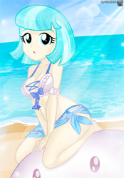 Size: 747x1074 | Tagged: safe, artist:charliexe, coco pommel, human, equestria girls, g4, adorasexy, barefoot, beach, belly button, bikini, bikini bottom, bikini top, breasts, clothes, cocobetes, cute, equestria girls-ified, feet, female, inflatable, ocean, pool toy, sand, sexy, solo, swimsuit, teasing, water