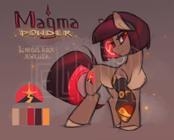 Size: 2183x1754 | Tagged: safe, artist:feelinnglad, oc, oc only, oc:magma powder, earth pony, adoptable, amputee, glowing mane, monocle, obtrusive watermark, prosthetic limb, prosthetics, reference sheet, watermark