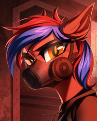 Size: 3046x3780 | Tagged: safe, artist:chamommile, oc, oc only, oc:ivory flare, original species, pegasus, pony, fallout equestria, ammunition, angry, armor, bust, clothes, commission, fallout, gas mask, high res, looking at you, mask, pegasus oc, portrait, red skin, solo, two toned mane, ych result, yellow eyes