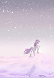 Size: 1280x1827 | Tagged: safe, artist:shaslan, oc, oc only, earth pony, pony, earth pony oc, full body, hoofprints, looking at you, looking back, looking back at you, snow, snowfall, solo, tail, walking away, windswept mane, windswept tail