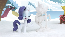 Size: 1920x1080 | Tagged: safe, edit, edited screencap, screencap, rarity, pony, unicorn, g4, g4.5, my little pony: stop motion short, snow pony contest (short), cute, ice, lake, smiling, snow, solo, tree, water