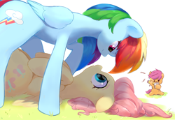 Size: 3080x2116 | Tagged: safe, artist:dulldi, fluttershy, rainbow dash, scootaloo, pegasus, pony, g4, cute, female, filly, foal, high res, lesbian, mare, pencil, ship:flutterdash, shipping, shyabetes