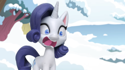 Size: 1920x1080 | Tagged: safe, edit, edited screencap, screencap, rarity, pony, unicorn, g4, g4.5, my little pony: stop motion short, snow pony contest (short), cute, funny, ice, lake, screaming, snow, solo, stop motion, tree, water