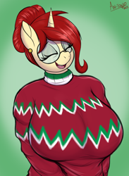 Size: 3186x4350 | Tagged: safe, artist:an-tonio, oc, oc only, oc:golden brooch, unicorn, anthro, adorasexy, big breasts, breasts, busty golden brooch, christmas, christmas sweater, clothes, cute, eyes closed, female, gradient background, holiday, huge breasts, milf, mother, ocbetes, sexy, solo, sweater, sweater puppies