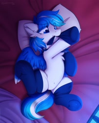 Size: 2459x3021 | Tagged: safe, artist:sonigiraldo, oc, oc only, oc:blue dawn, pegasus, pony, chest fluff, clothes, collar, ear fluff, eye clipping through hair, eyebrows, eyebrows visible through hair, featureless crotch, female, high res, lying down, mare, mouth hold, on back, pegasus oc, pillow, socks, solo, wings