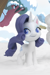 Size: 1066x1606 | Tagged: safe, edit, edited screencap, screencap, rarity, pony, unicorn, g4, g4.5, my little pony: stop motion short, snow pony contest (short), breaking the fourth wall, cute, looking at you, smiling, smiling at you, snow, solo