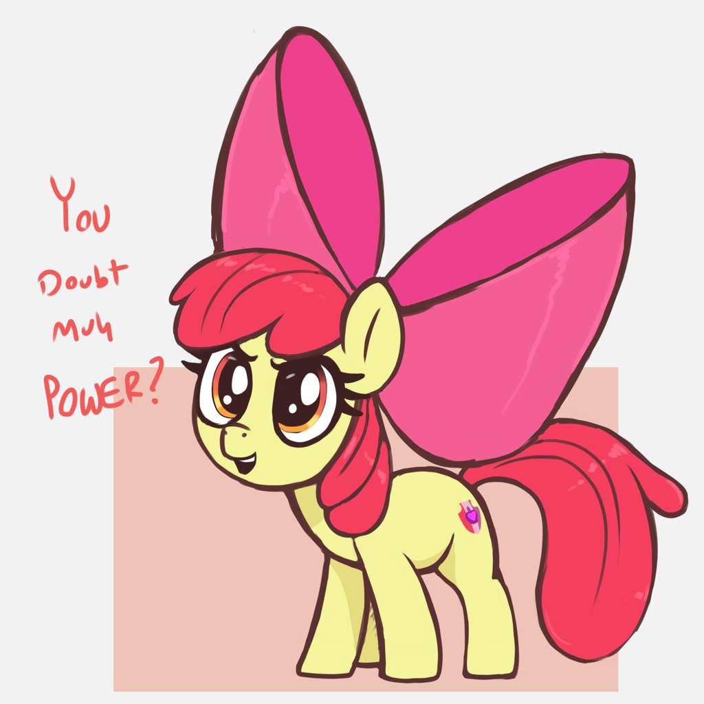 [apple bloom,apple bloom's bow,bow,cute,earth pony,female,filly,foal,frown,g4,grin,hair bow,high res,looking at you,open mouth,pony,safe,simple background,smirk,solo,talking to viewer,text,white background,accessory,impossibly large bow,smiling,adorabloom,the cmc's cutie marks,big bow,artist:t72b,open smile]