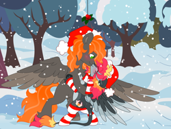 Size: 8000x6000 | Tagged: safe, artist:crazysketch101, oc, oc only, oc:ashton burnside, oc:crazy looncrest, pegasus, pony, christmas, clothes, hat, holiday, holly, holly mistaken for mistletoe, kissing, leggings, santa hat, scarf, ship:burncrest, snow, snowfall, socks, striped scarf, striped socks, tree