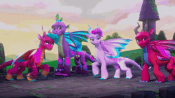 Size: 1920x1074 | Tagged: safe, screencap, blaize skysong, fountain (g5), jade (g5), lava (g5), luxxe, spike, dragon, g5, my little pony: make your mark, my little pony: make your mark chapter 6, roots of all evil, spoiler:g5, spoiler:my little pony: make your mark, spoiler:my little pony: make your mark chapter 6, spoiler:mymc06e03, animated, dragon lord spike, gif, nuzzling, older, older spike, reunion, shiny, snuggling