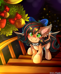 Size: 1700x2064 | Tagged: safe, artist:yuris, oc, oc only, oc:nox, bat pony, pony, bat pony oc, bell, blue eyes, blushing, brown mane, christmas, christmas lights, christmas tree, commission, cute, ear piercing, ears back, female, garland, holiday, house, indoors, looking at you, looking up, looking up at you, piercing, room, smiling, solo, spread wings, staircase, string lights, tree, walking, wings, ych result