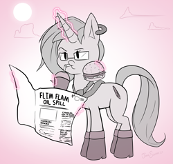 Size: 2181x2076 | Tagged: safe, artist:john sludge, oc, oc only, pony, unicorn, burger, drink, drinking, drinking straw, food, funny, hamburger, high res, newspaper, solo