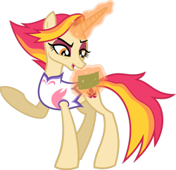 Size: 8711x8385 | Tagged: safe, artist:starryshineviolet, fire flare, pony, unicorn, g4, the summer sun setback, absurd resolution, card, concave belly, eyeshadow, female, levitation, magic, magic aura, makeup, mare, outfit, raised hoof, simple background, slender, solo, telekinesis, thin, transparent background, vector
