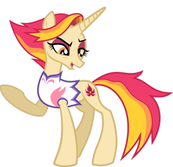 Size: 8711x8385 | Tagged: safe, artist:starryshineviolet, fire flare, pony, unicorn, g4, the summer sun setback, absurd resolution, eyeshadow, female, makeup, mare, open mouth, outfit, raised hoof, simple background, smiling, solo, transparent background, vector