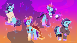Size: 1920x1080 | Tagged: safe, artist:willoillo, misty brightdawn, bunnycorn, pony, rabbit, unicorn, g5, alternate hairstyle, clothes, converse, cup, cute, dress, ear piercing, emo, female, floppy ears, freckles, glowing, glowing horn, goth, goth misty, happy, hat, hoodie, horn, magician outfit, mare, mistybetes, open mouth, open smile, piercing, plushie, rebirth misty, shoes, smiling, suit, sweater, teacup