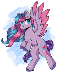 Size: 1649x2048 | Tagged: safe, artist:primrosedinocat, windy wisp, pegasus, pony, g3, female, looking at you, mare, requested art, smiling, solo, spread wings, tail, unshorn fetlocks, wings