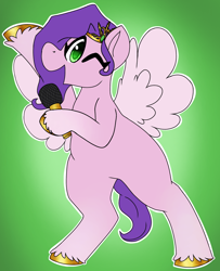 Size: 1664x2048 | Tagged: safe, artist:primrosedinocat, pipp petals, pegasus, pony, g5, bipedal, female, looking at you, mare, microphone, one eye closed, open mouth, open smile, raised hoof, singing, smiling, solo, spread wings, unshorn fetlocks, wings, wink, winking at you