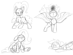 Size: 8000x6000 | Tagged: safe, artist:imposter dude, fluttershy, pinkie pie, rainbow dash, twilight sparkle, alicorn, earth pony, pegasus, g4, absurd resolution, happy, magic, practice, practice drawing, practice sketch, rainbow crash, simple background, sketch, twilight sparkle (alicorn), white background