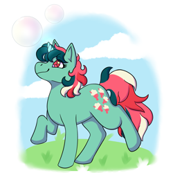 Size: 2000x2000 | Tagged: safe, artist:primrosedinocat, fizzy, pony, twinkle eyed pony, unicorn, g1, bubble, cloud, female, glowing, glowing horn, grass, high res, horn, looking up, mare, outdoors, raised hoof, raised leg, smiling, solo, standing on two hooves, tail