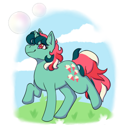 Size: 2000x2000 | Tagged: safe, alternate version, artist:primrosedinocat, fizzy, pony, twinkle eyed pony, unicorn, g1, bubble, cloud, female, grass, high res, looking up, mare, outdoors, partially transparent background, raised hoof, raised leg, smiling, solo, standing on two hooves, tail