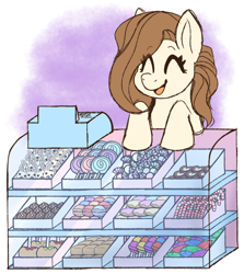 Size: 1828x2048 | Tagged: safe, artist:primrosedinocat, oc, oc only, oc:caramel cube, earth pony, pony, candy, candy cane, candy shop, caramel apple (food), cash register, chocolate, earth pony oc, eyes closed, female, food, lollipop, macaron, mare, open mouth, open smile, requested art, smiling, solo