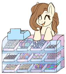 Size: 1828x2048 | Tagged: safe, alternate version, artist:primrosedinocat, oc, oc only, oc:caramel cube, earth pony, pony, candy, candy cane, candy shop, caramel apple (food), cash register, chocolate, earth pony oc, eyes closed, female, food, lollipop, macaron, mare, open mouth, open smile, requested art, simple background, smiling, solo, transparent background