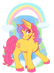 Size: 958x1289 | Tagged: safe, alternate version, artist:primrosedinocat, satin splash, earth pony, pony, g2, cloud, eyeshadow, female, lidded eyes, makeup, mare, rainbow, raised hoof, simple background, smiling, tail, toy interpretation, transparent background, unshorn fetlocks, water, waterfall