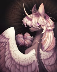 Size: 1440x1818 | Tagged: safe, artist:meggychocolatka, oc, oc only, alicorn, pony, abstract background, curved horn, eye clipping through hair, eyebrows, eyebrows visible through hair, female, horn, large wings, looking at you, looking back, looking back at you, mare, partially open wings, sitting, solo, spine, thin, wings