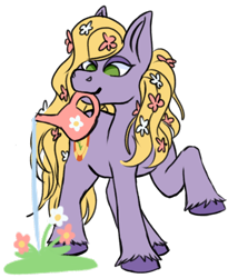 Size: 1132x1382 | Tagged: safe, artist:primrosedinocat, garden glade, earth pony, pony, g3, female, flower, flower in hair, gardening, lidded eyes, looking down, mare, mouth hold, raised hoof, smiling, solo, unshorn fetlocks, water, watering can, watering the flowers